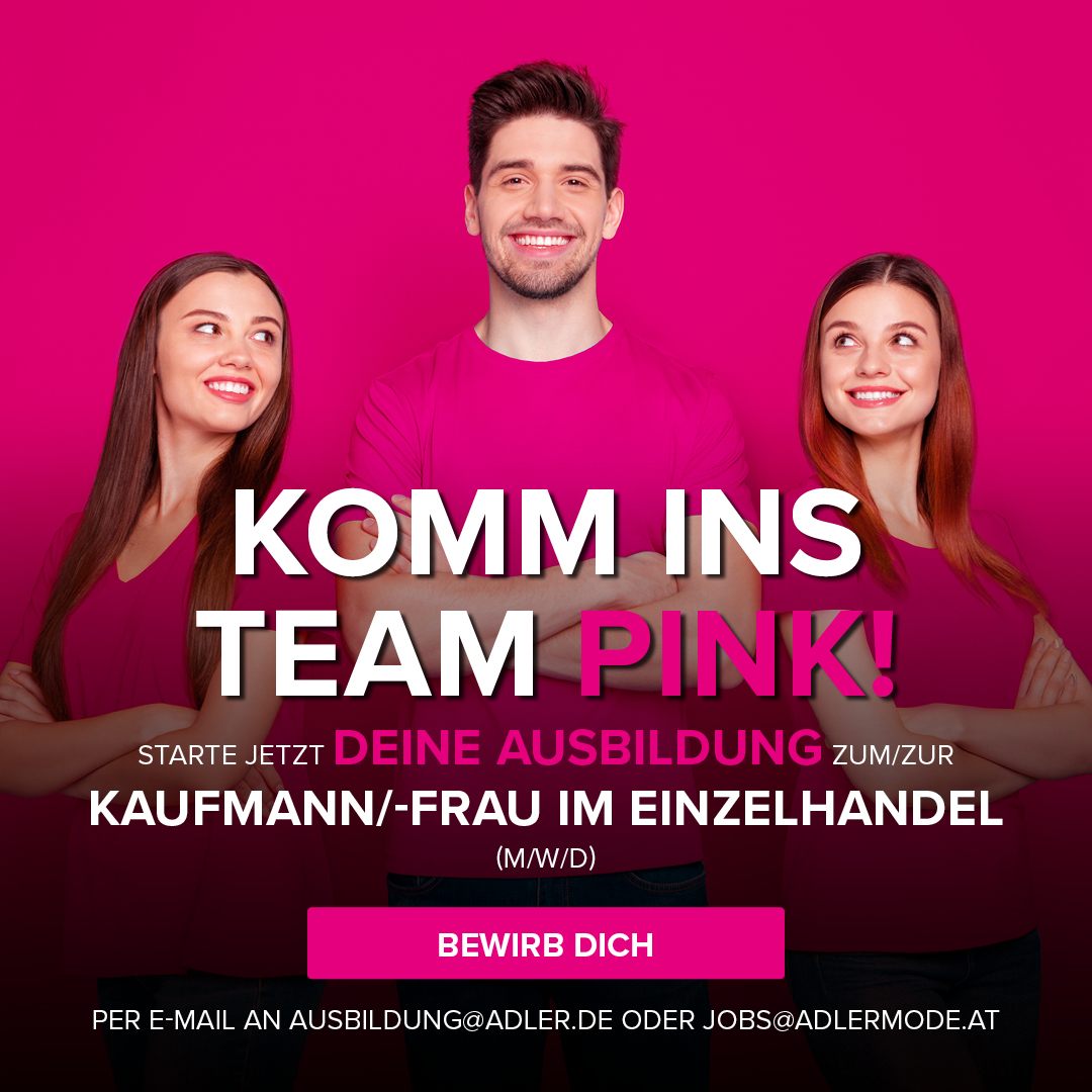 Drei Personen in pinken T-Shirts, die für eine Ausbildung im Einzelhandel werben.