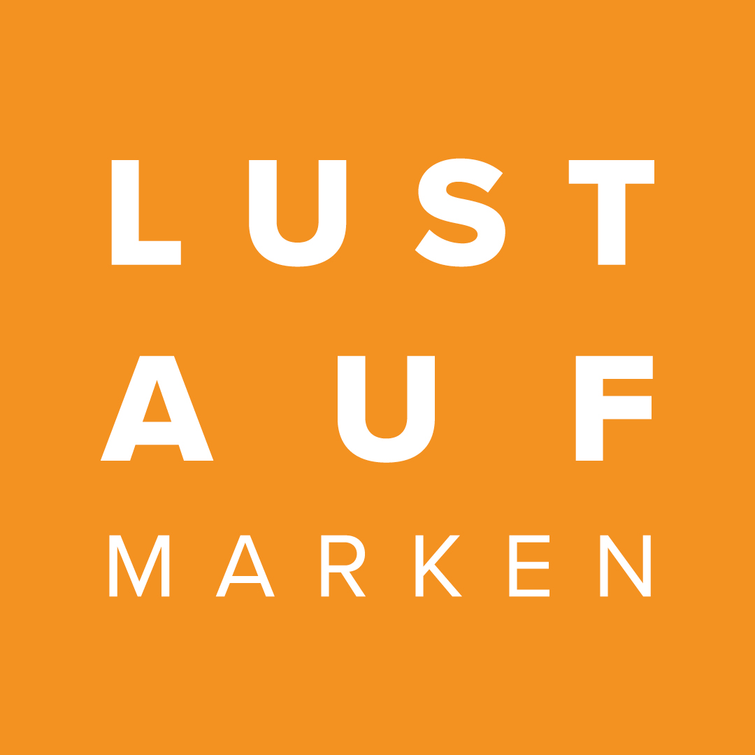Text auf orangefarbenem Hintergrund: "LUST AUF MARKEN".