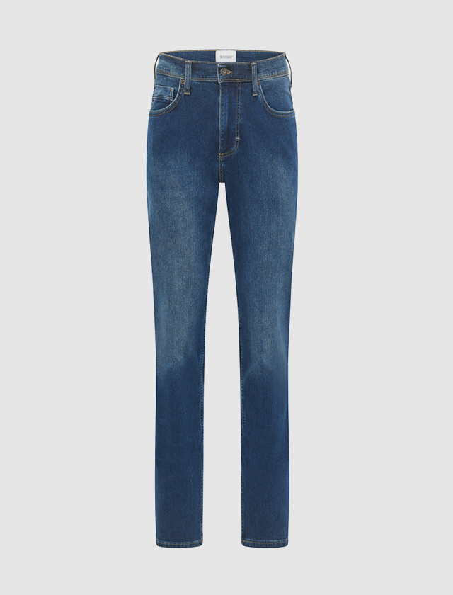 Eine Jeans aus blauem Denim-Stoff, die lässigen Stil und Komfort vereint.