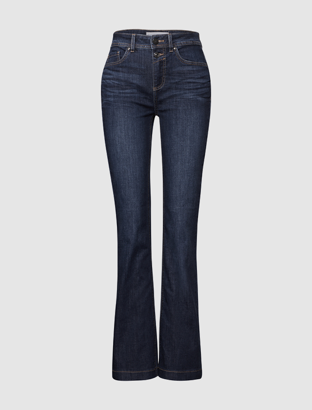 Dunkelblaue Damenjeans mit hoher Taille, perfekt für einen lässigen und stylischen Look.