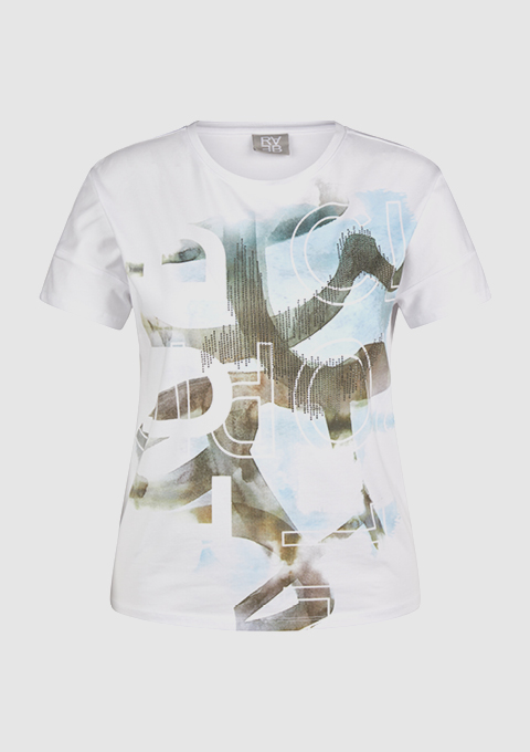 Ein weiĂźes T-Shirt mit einem abstrakten Design in verschiedenen Farben. Ein weiĂźes T-Shirt mit einem abstrakten Design in verschiedenen Farben.