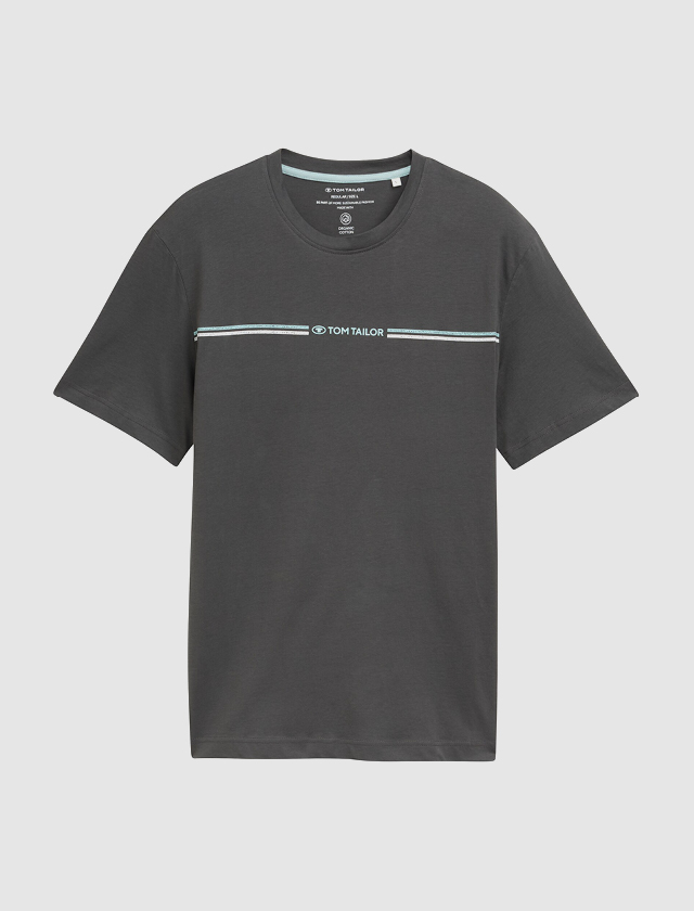 T-Shirt in Grau mit einem blauen Streifen auf der Brust. T-Shirt in Grau mit einem blauen Streifen auf der Brust.