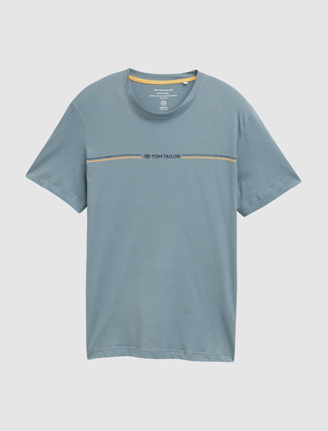 T-Shirt in Blau mit gelben Streifen auf der Vorderseite. T-Shirt in Blau mit gelben Streifen auf der Vorderseite.