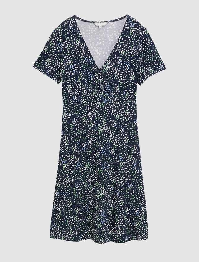 Kleid mit Blumenmuster, gefertigt aus einer bequemen Baumwollmischung, ideal für Freizeitaktivitäten. Kleid mit Blumenmuster, gefertigt aus einer bequemen Baumwollmischung, ideal für Freizeitaktivitäten.