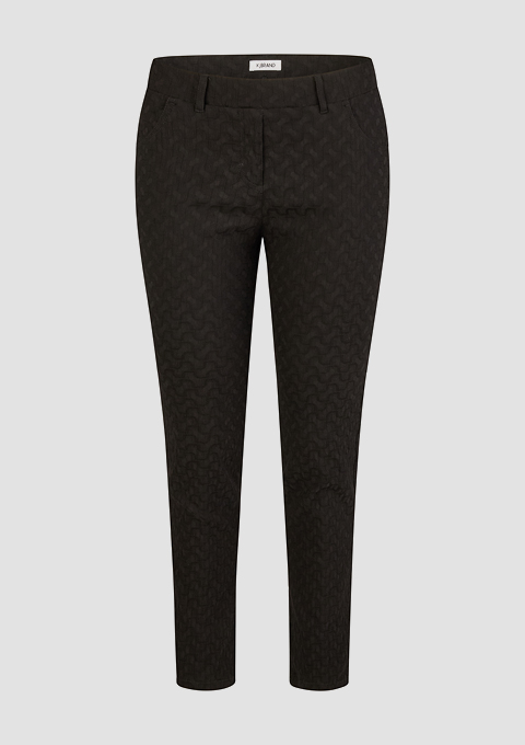 Schwarze Hose mit einem auffälligen Muster, das den Stoff charakterisiert. Schwarze Hose mit einem auffälligen Muster, das den Stoff charakterisiert.