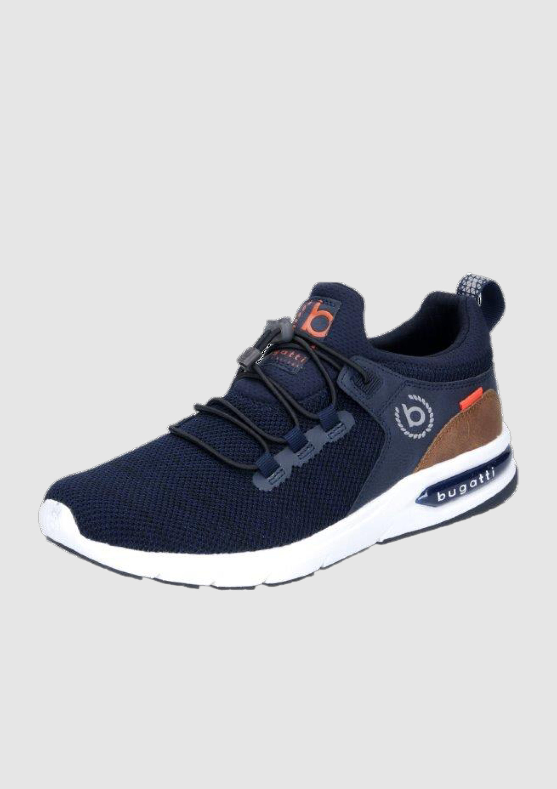 Navy- und orangefarbene Sneakers mit SchnĂĽrsenkeln und Logo an der Seite. Navy- und orangefarbene Sneakers mit SchnĂĽrsenkeln und Logo an der Seite.