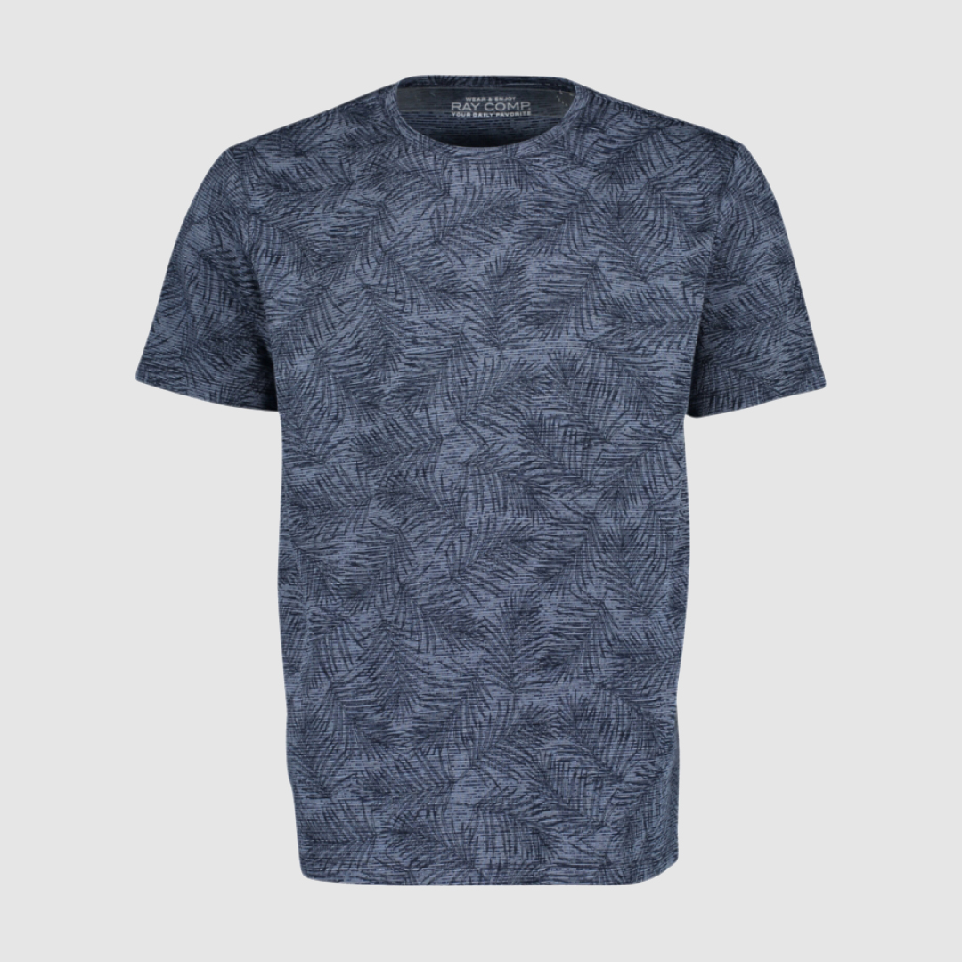 Ein blaues T-Shirt mit Blattmuster.
