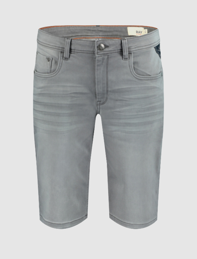 Graue Jeansshorts mit fünf Taschen und heller Waschung. Graue Jeansshorts mit fünf Taschen und heller Waschung.
