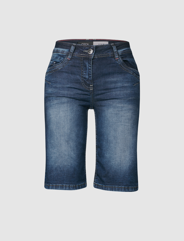 Dunkelblaue Jeans-Shorts mit fünf Taschen und einem Knopfverschluss.