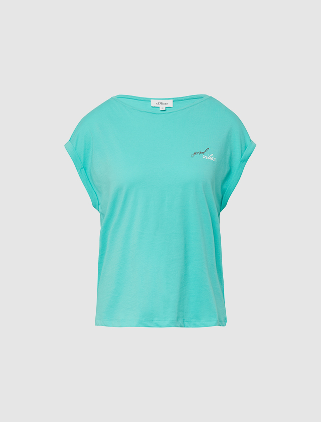 Türkises T-Shirt mit Aufschrift "good vibes".