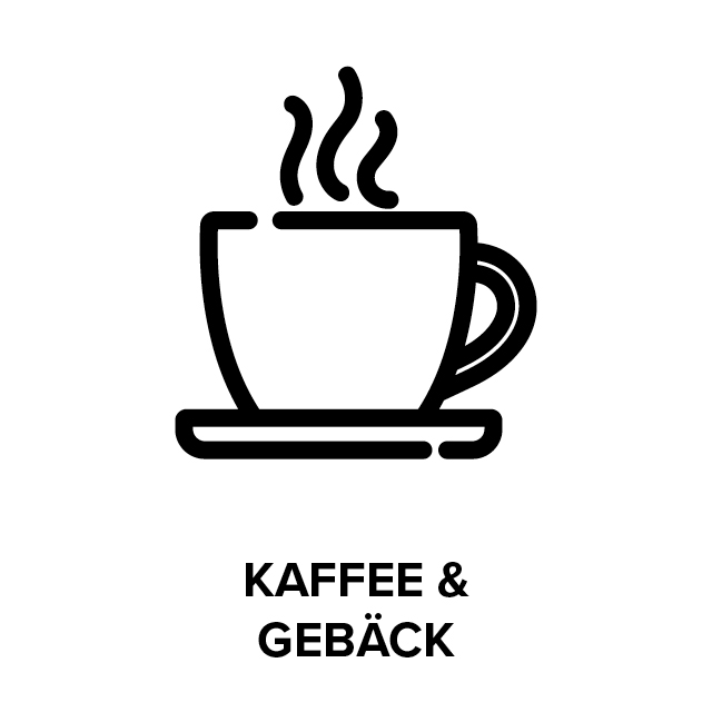 Eine Tasse Kaffee auf einem Unterteller mit Dampf und dem Text "Kaffee & Gebäck".