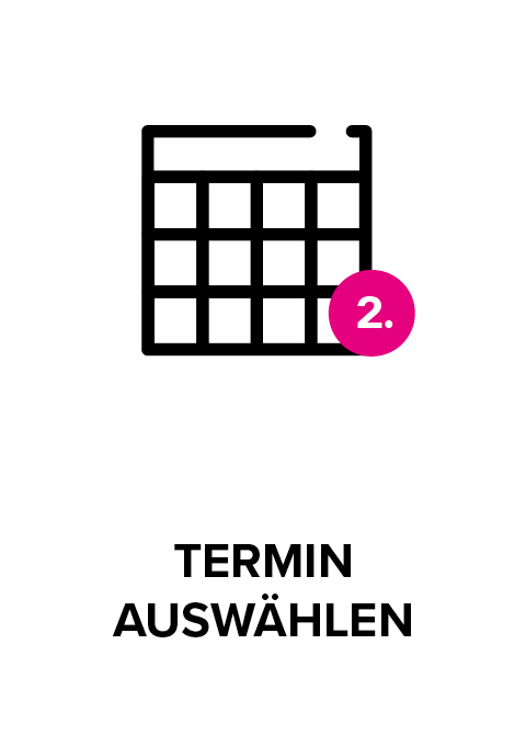 Ein Kalender mit dem Text "Termin auswählen" und der Nummer 2 in einem pinken Kreis.