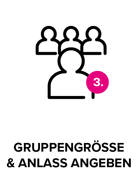 Ein Symbol von einer Personengruppe mit der Aufschrift „Gruppengröße & Anlass angeben“.