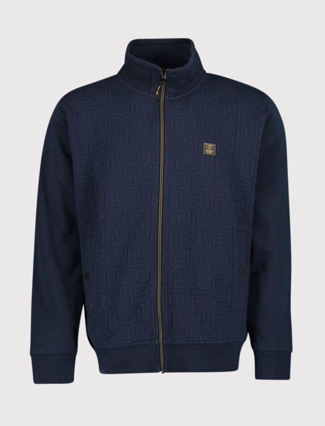 Dunkelblauer, langärmliger Pullover mit Stehkragen und durchgehendem Reißverschluss, mit feinem Muster und kleinem Logo auf der Brust. Dunkelblauer, langärmliger Pullover mit Stehkragen und durchgehendem Reißverschluss, mit feinem Muster und kleinem Logo auf der Brust.