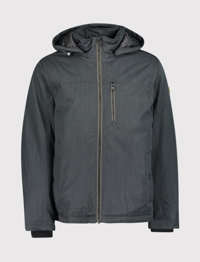 Schwarze Jacke mit Kapuze, durchgehendem Reißverschluss und einer Brusttasche mit Reißverschluss. Schwarze Jacke mit Kapuze, durchgehendem Reißverschluss und einer Brusttasche mit Reißverschluss.