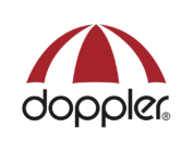 Logo von Doppler mit einem roten Schirm und der Schrift "doppler".