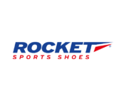 Logo der Marke "ROCKET SPORTS SHOES" in blauer und roter Schrift.